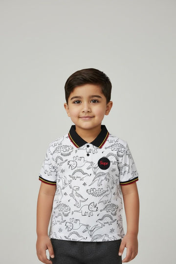 Status Quo Boys' White Dinosaur Outline Print Polo with Black Collar