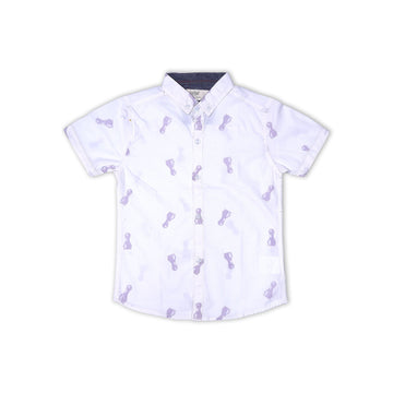 Boys' White Short-Sleeved Shirt with Grey Abstract Print