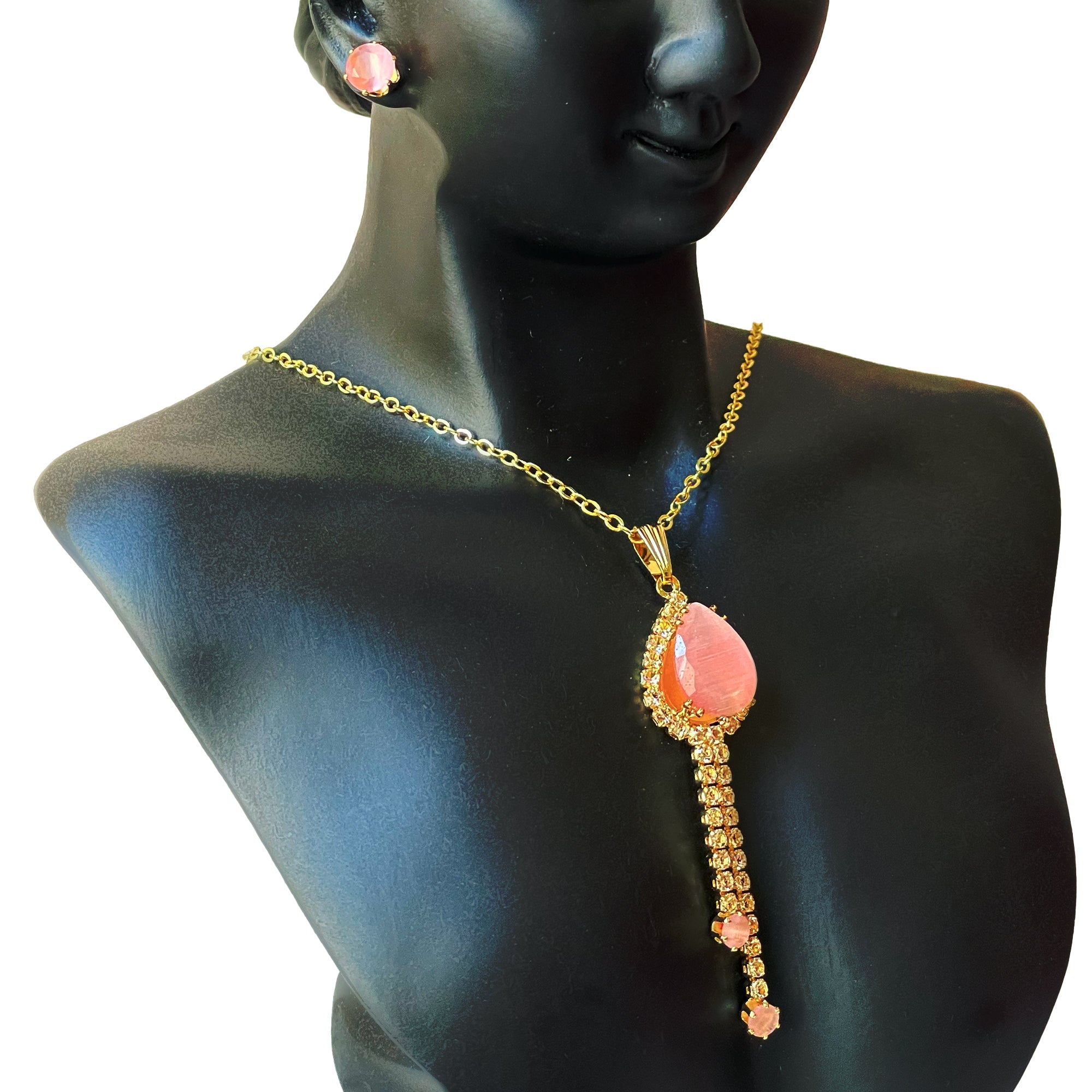 Earring and Necklace Glistening Rose Quartz Cascade Jewelry Set