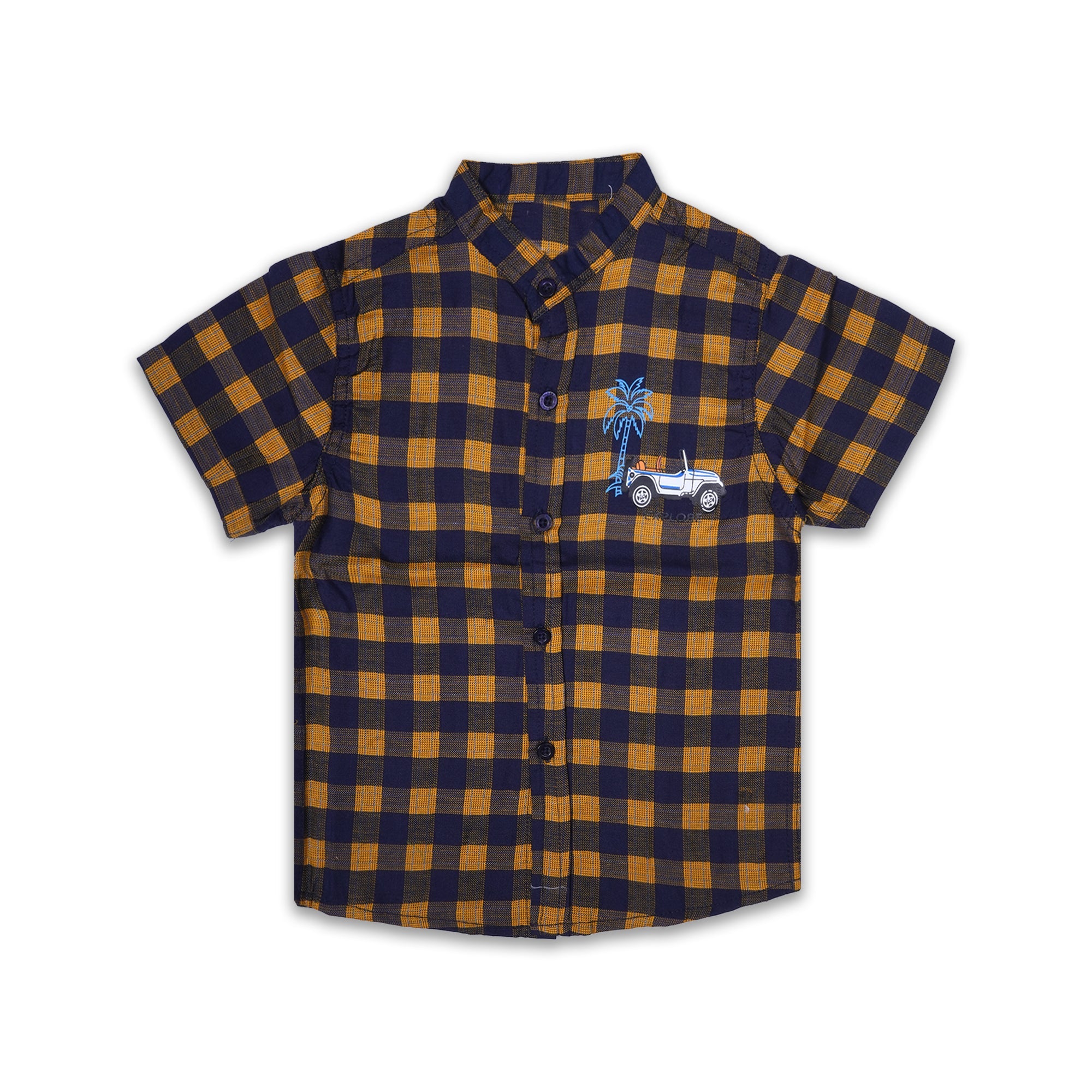 Boys' Mustard and Navy Checkered Short Sleeve Shirt with Embroidered Truck