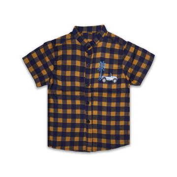 Boys' Mustard and Navy Checkered Short Sleeve Shirt with Embroidered Truck