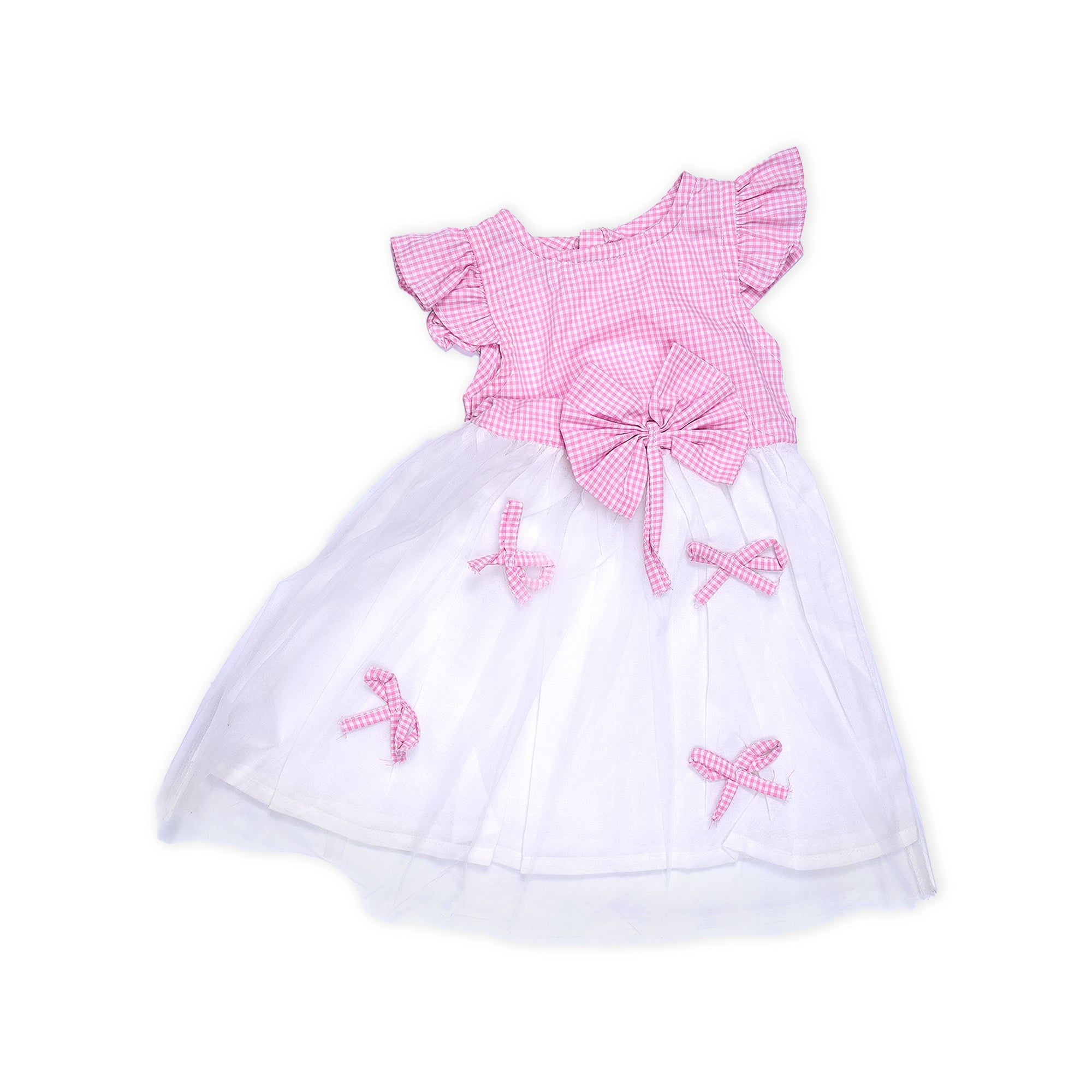 Sweet Gingham Dreams: Adorable Baby Girl Dress with Ruffled Sleeves and Bow Accents