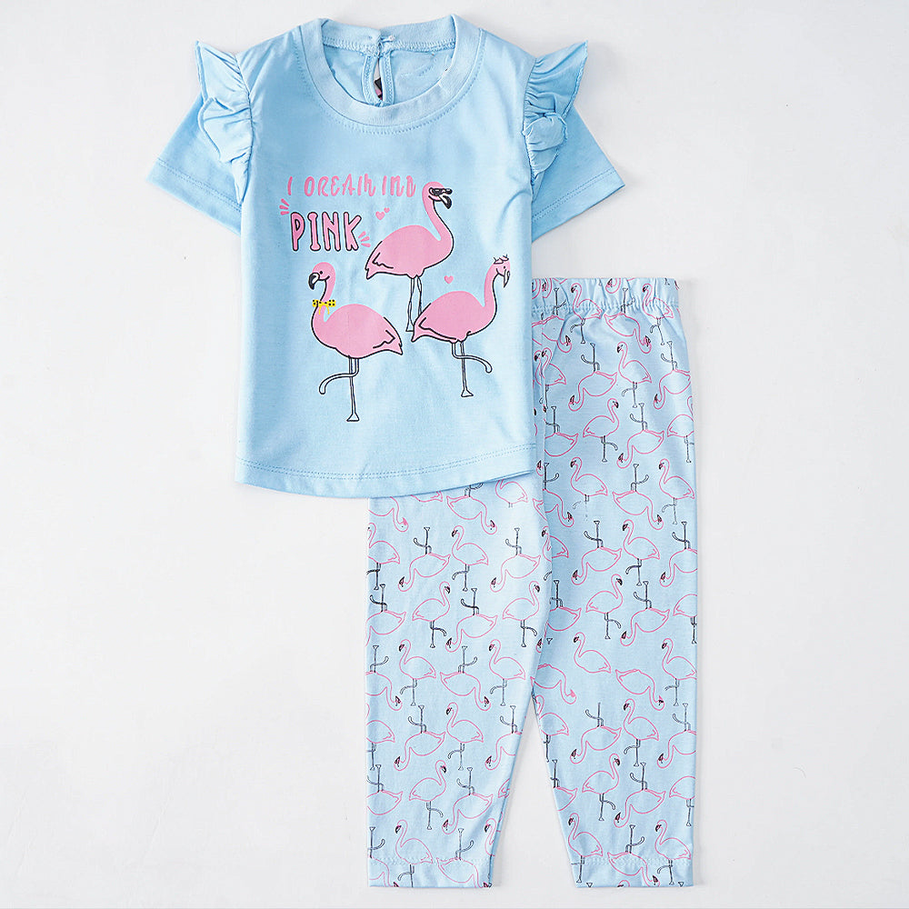 Flamingo Fun: Light Blue Pajama Set with Ruffled Sleeves