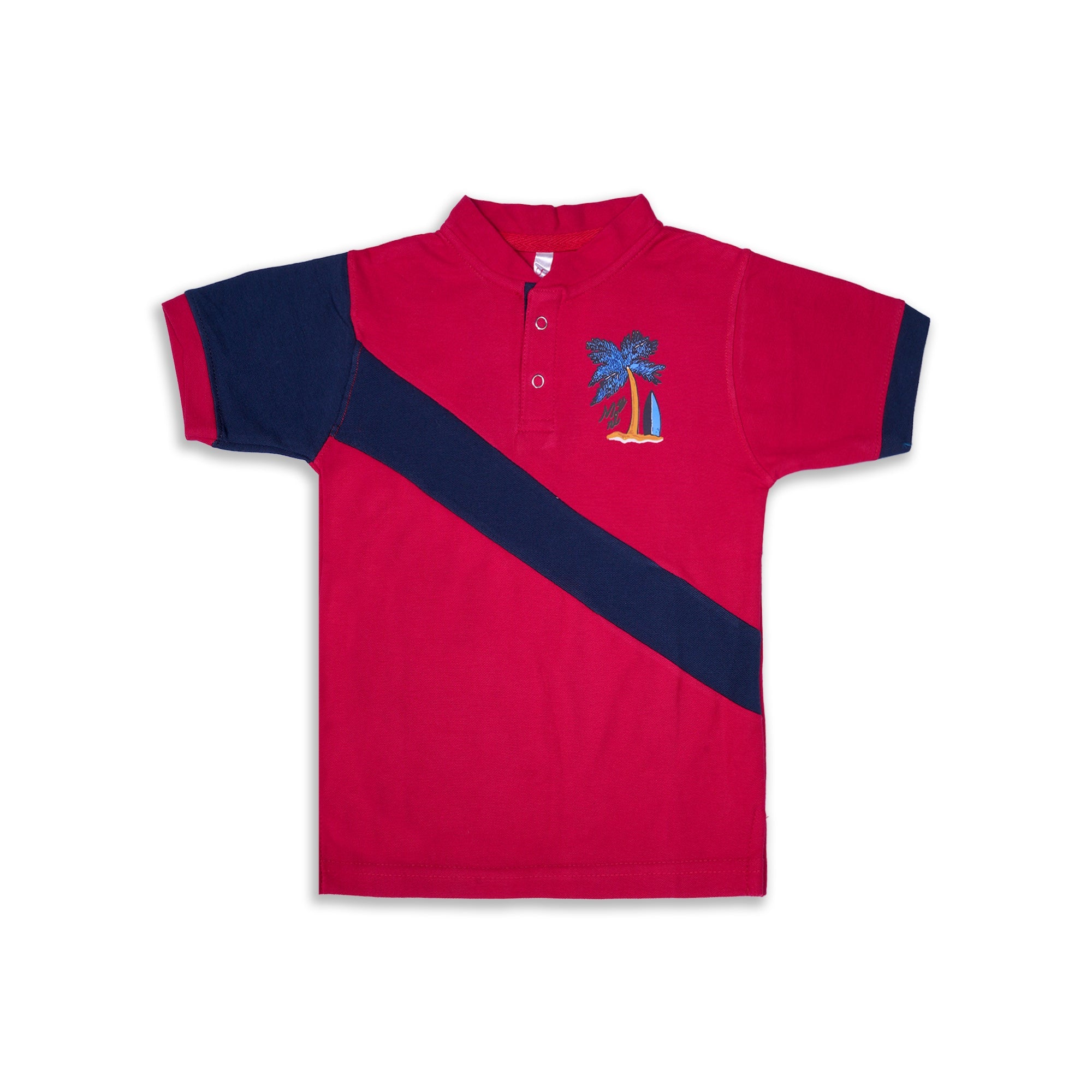 Kids' Red & Navy Color Block Polo with Palm Tree Graphic