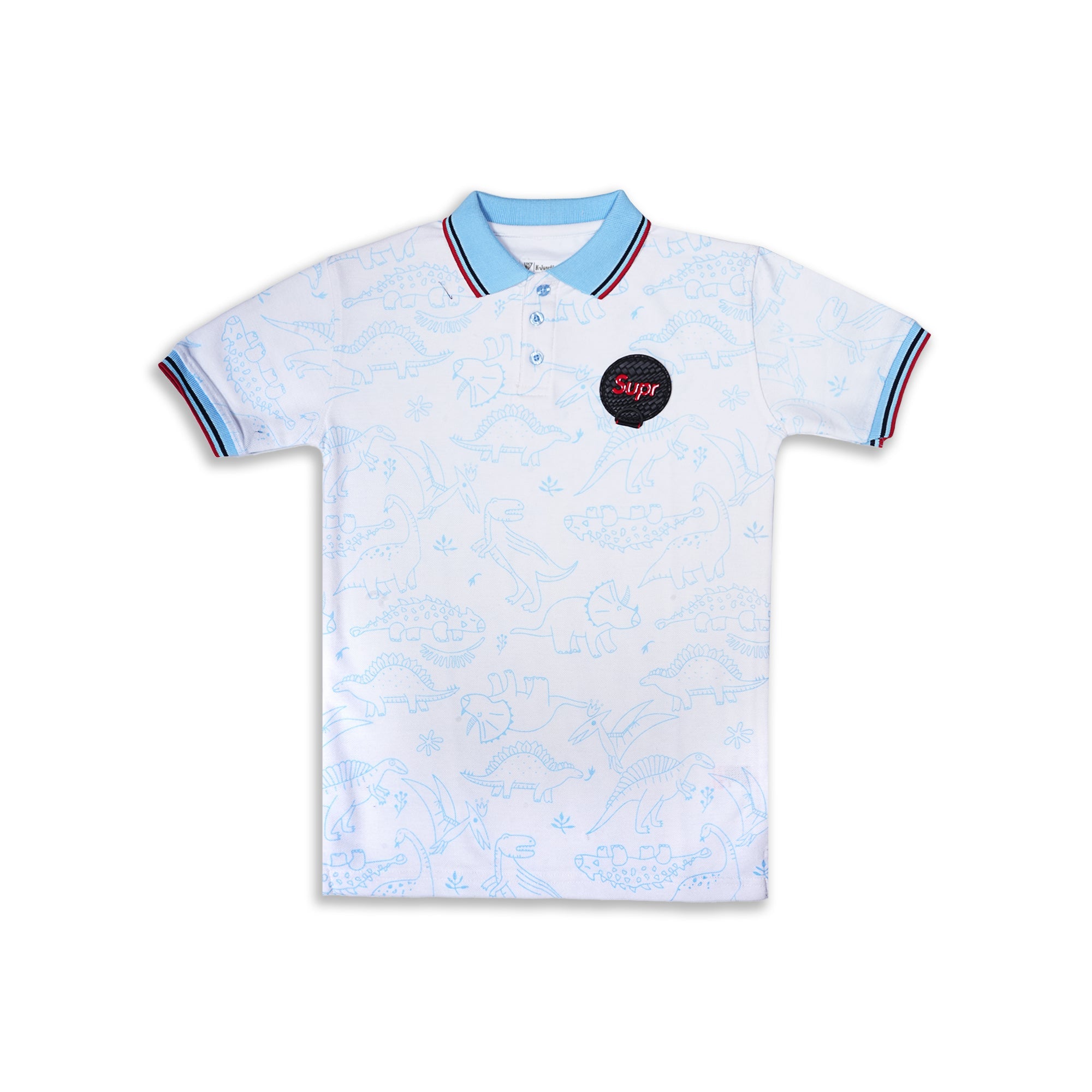 JuniorArm Boys' White Dinosaur Print Polo with Sky Blue Collar