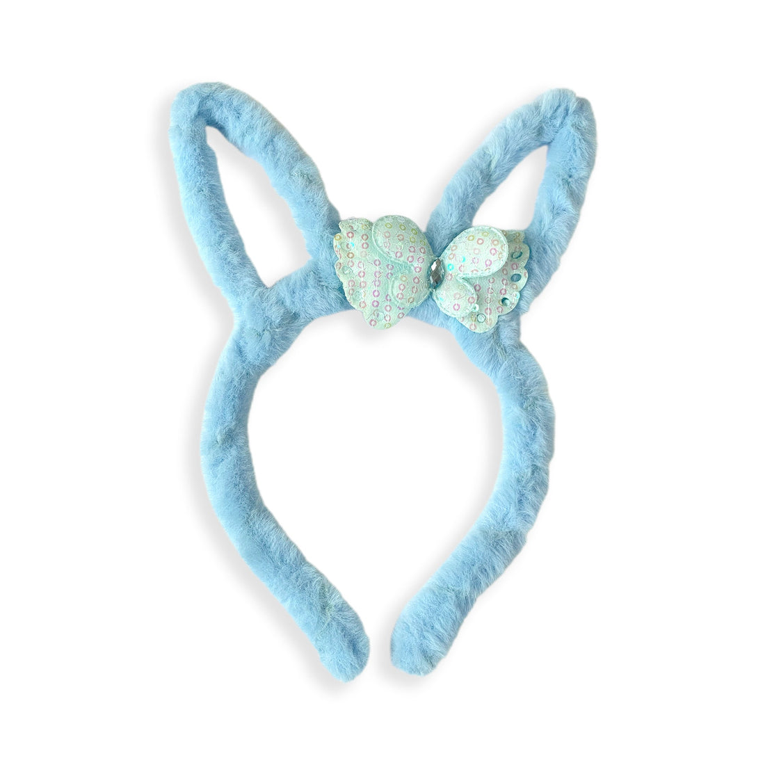 Plush Light Blue Bunny Ears Hairband with Floral Bow