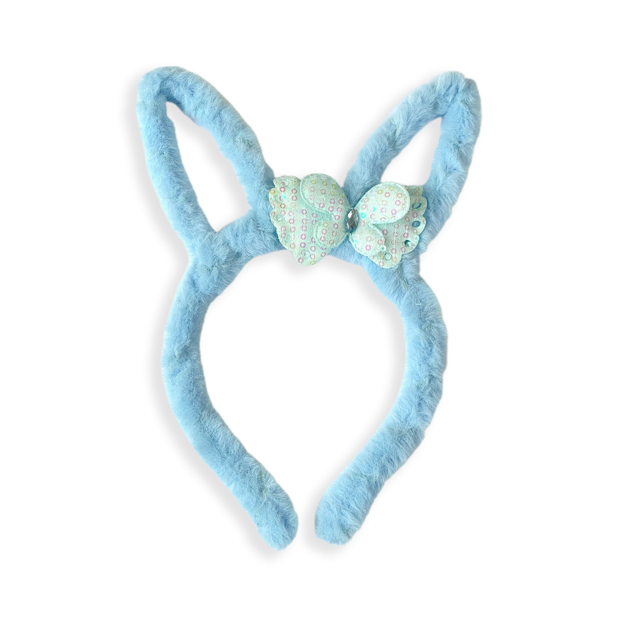 Plush Light Blue Bunny Ears Hairband with Floral Bow