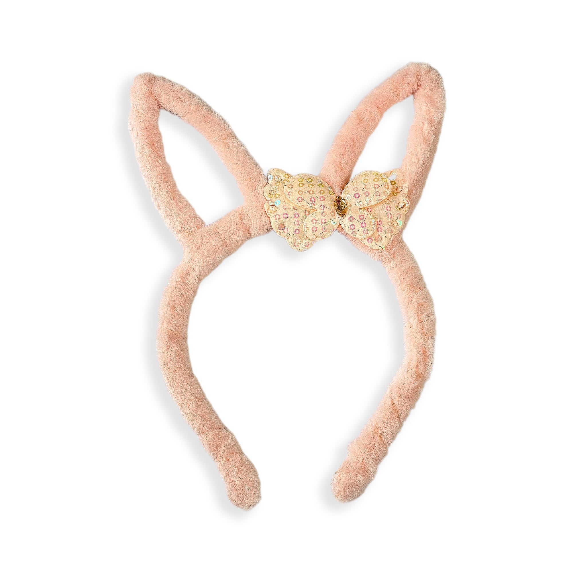 Plush Peach Bunny Ears Hairband with Floral Bow