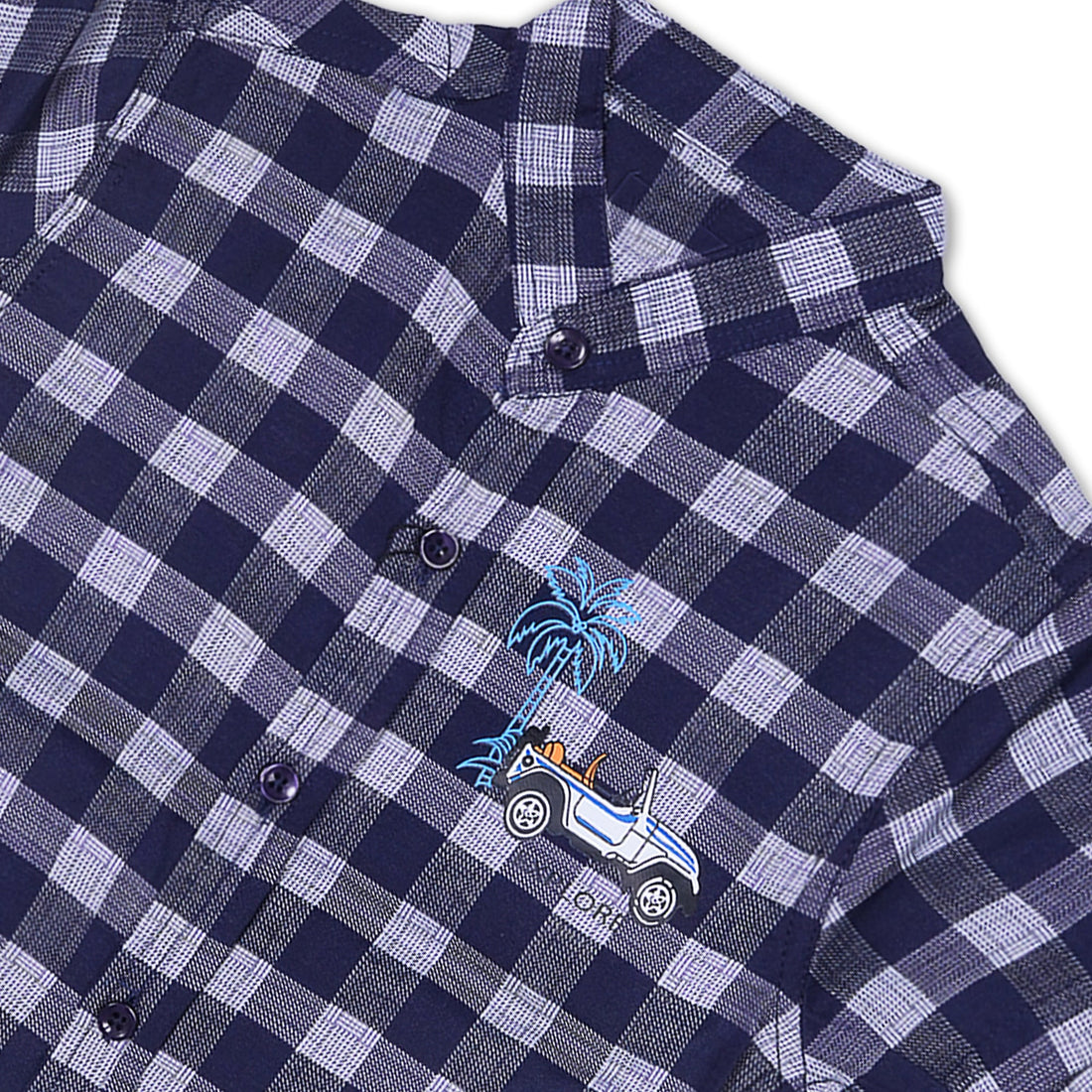 Boys' Navy and White Checkered Short Sleeve Shirt with Embroidered Truck