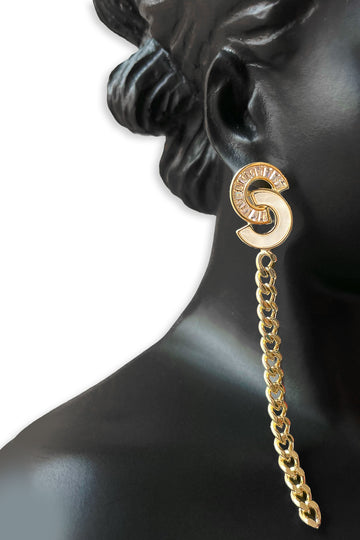 Gold "S" Logo Chain Drop Earrings with Crystal Accents
