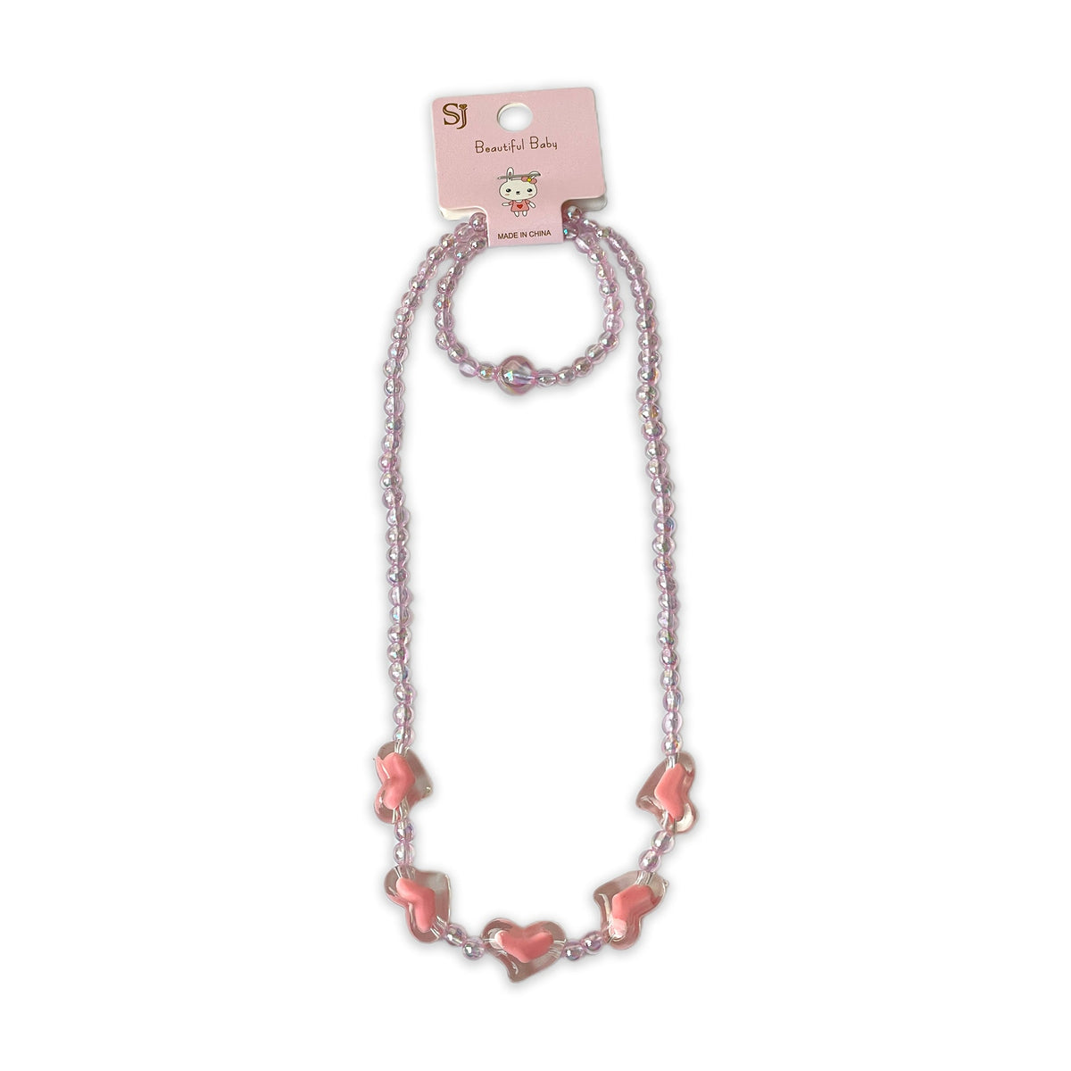 Children's Pink Beaded Necklace and Bracelet Set with Heart Charms