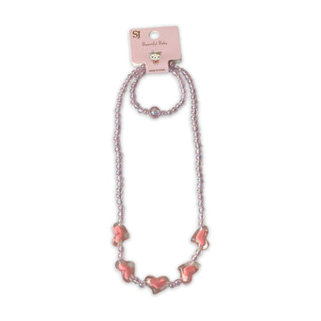 Children's Pink Beaded Necklace and Bracelet Set with Heart Charms