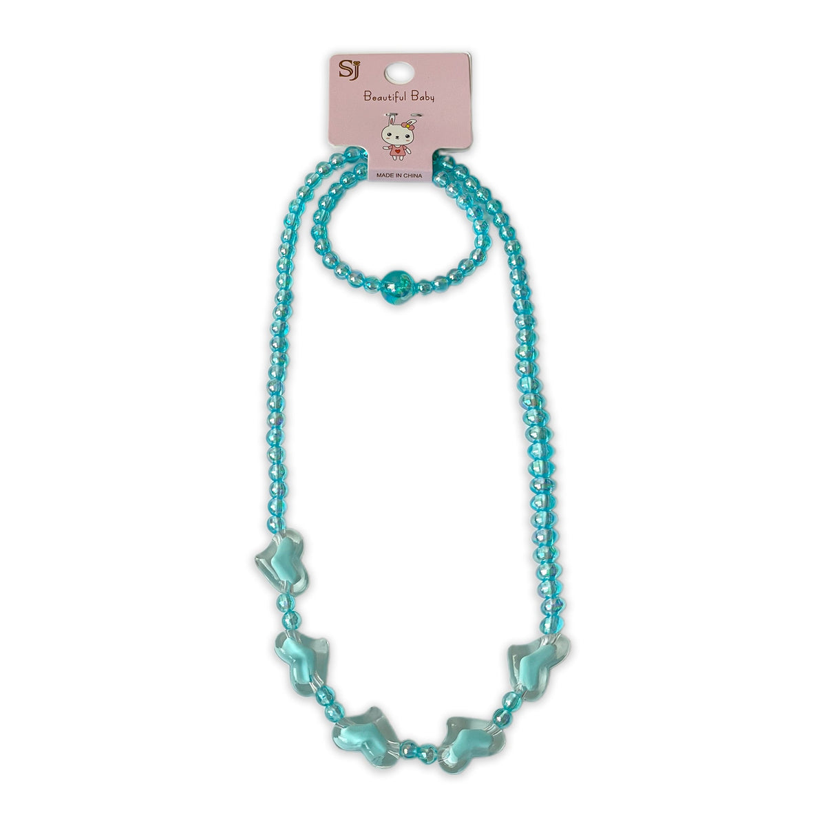 Children's Blue Beaded Necklace and Bracelet Set with Butterfly Charms