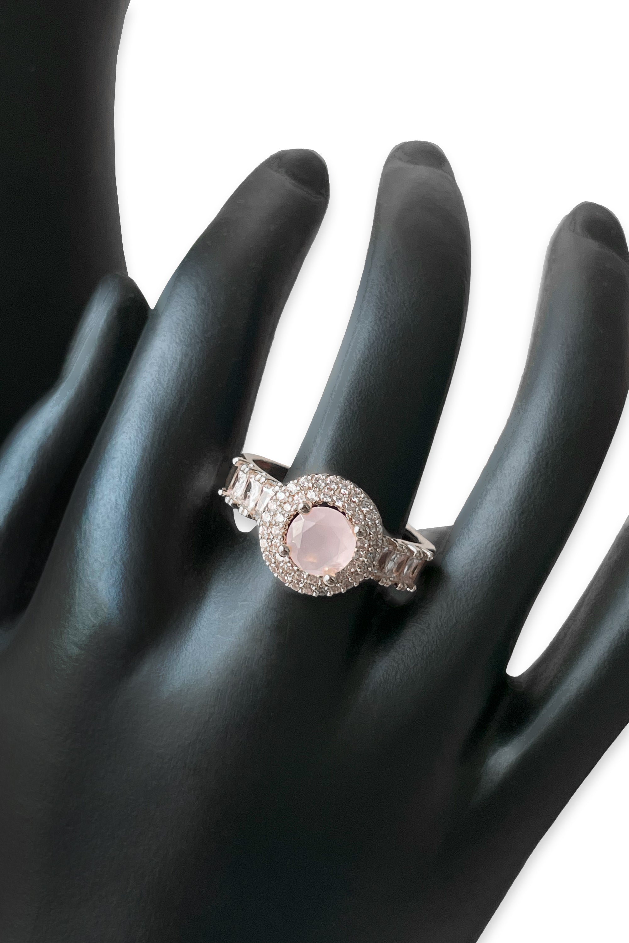 Silver-Tone Halo Ring with Blush Pink Center Stone & Crystal Accents