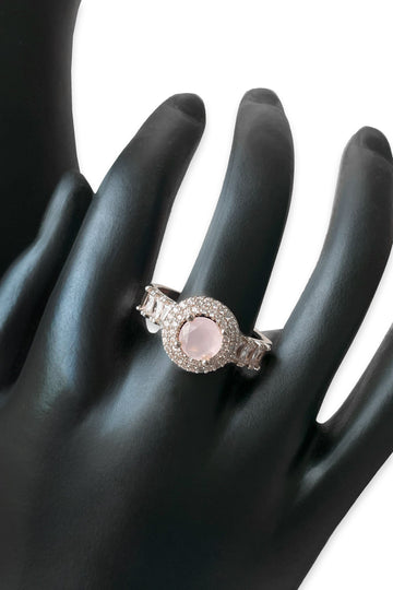 Silver-Tone Halo Ring with Blush Pink Center Stone & Crystal Accents