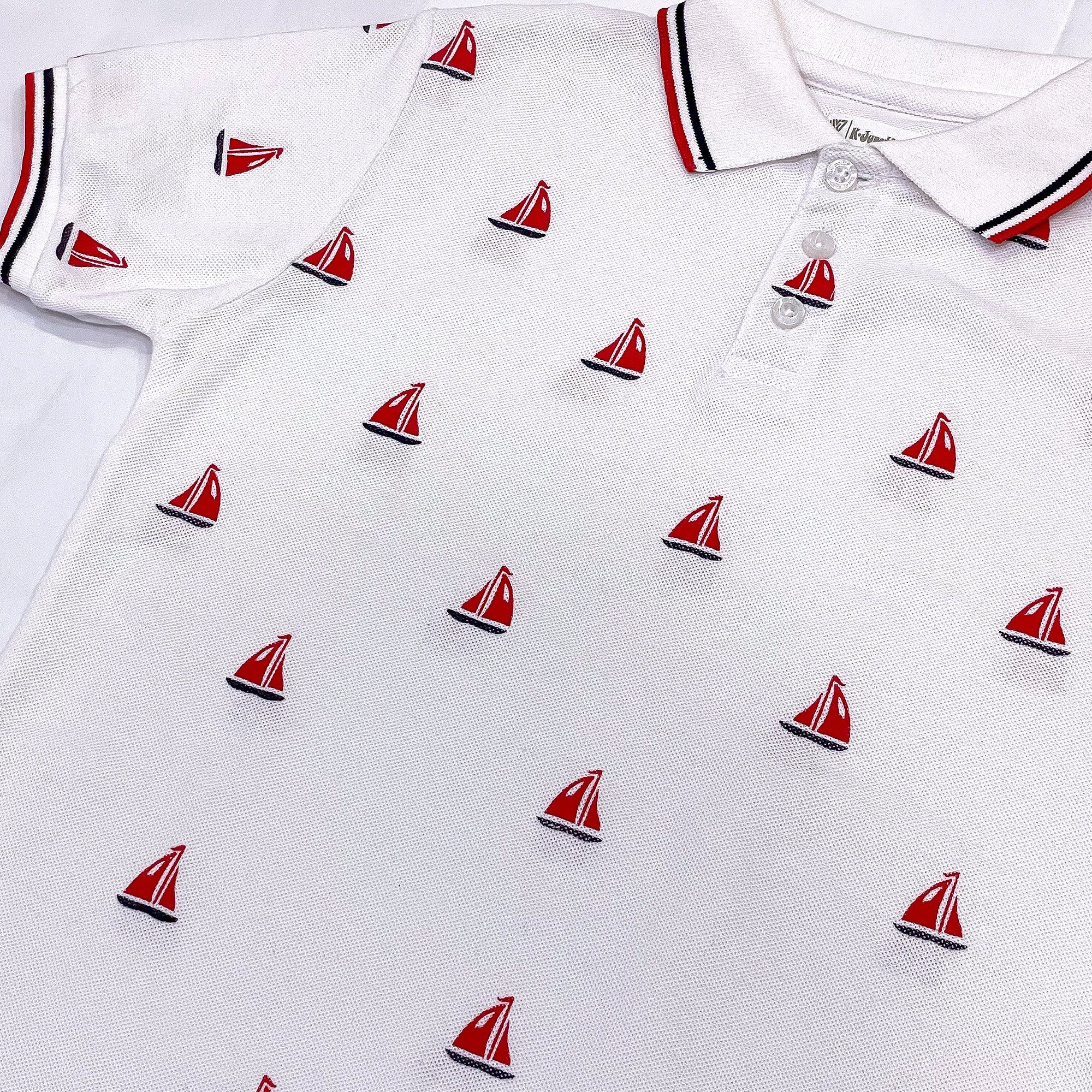 Boys' White Polo Shirt with Sailboat Print