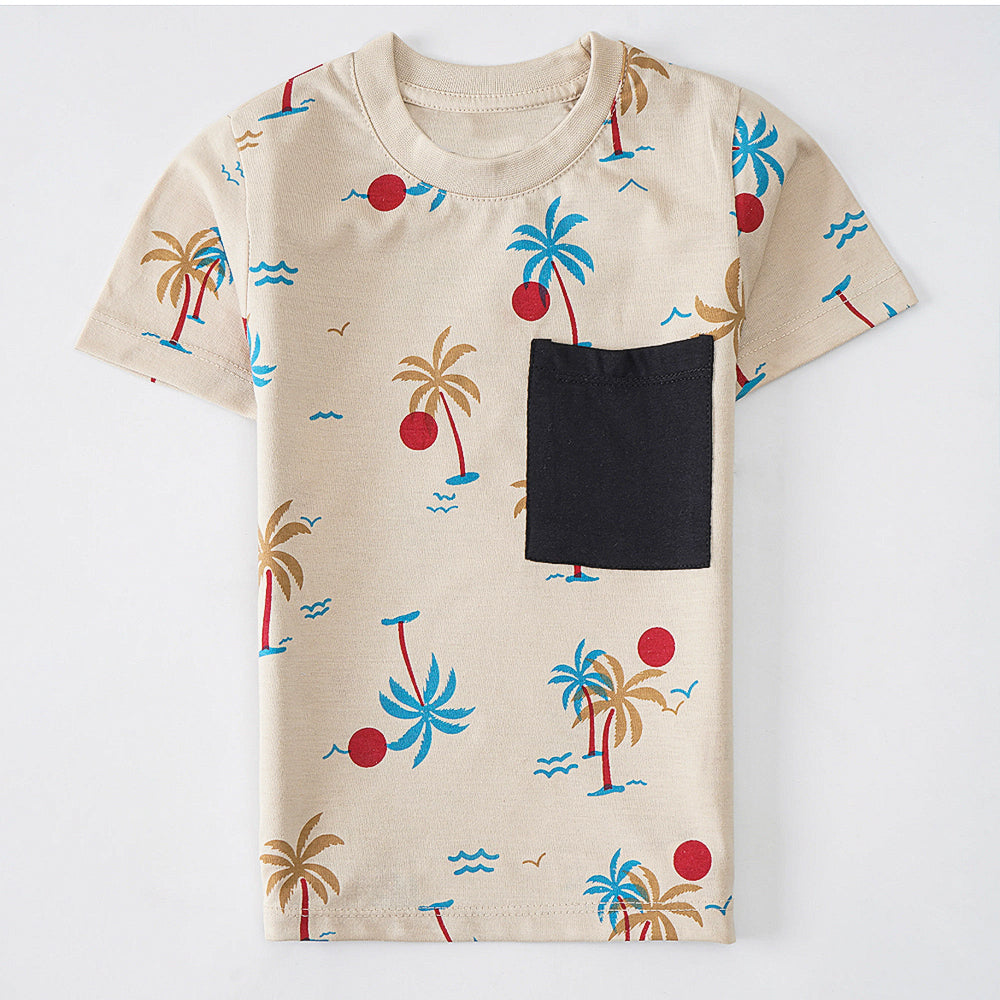 Island Vibes: Beige T-Shirt with Tropical Print and Pocket Detail
