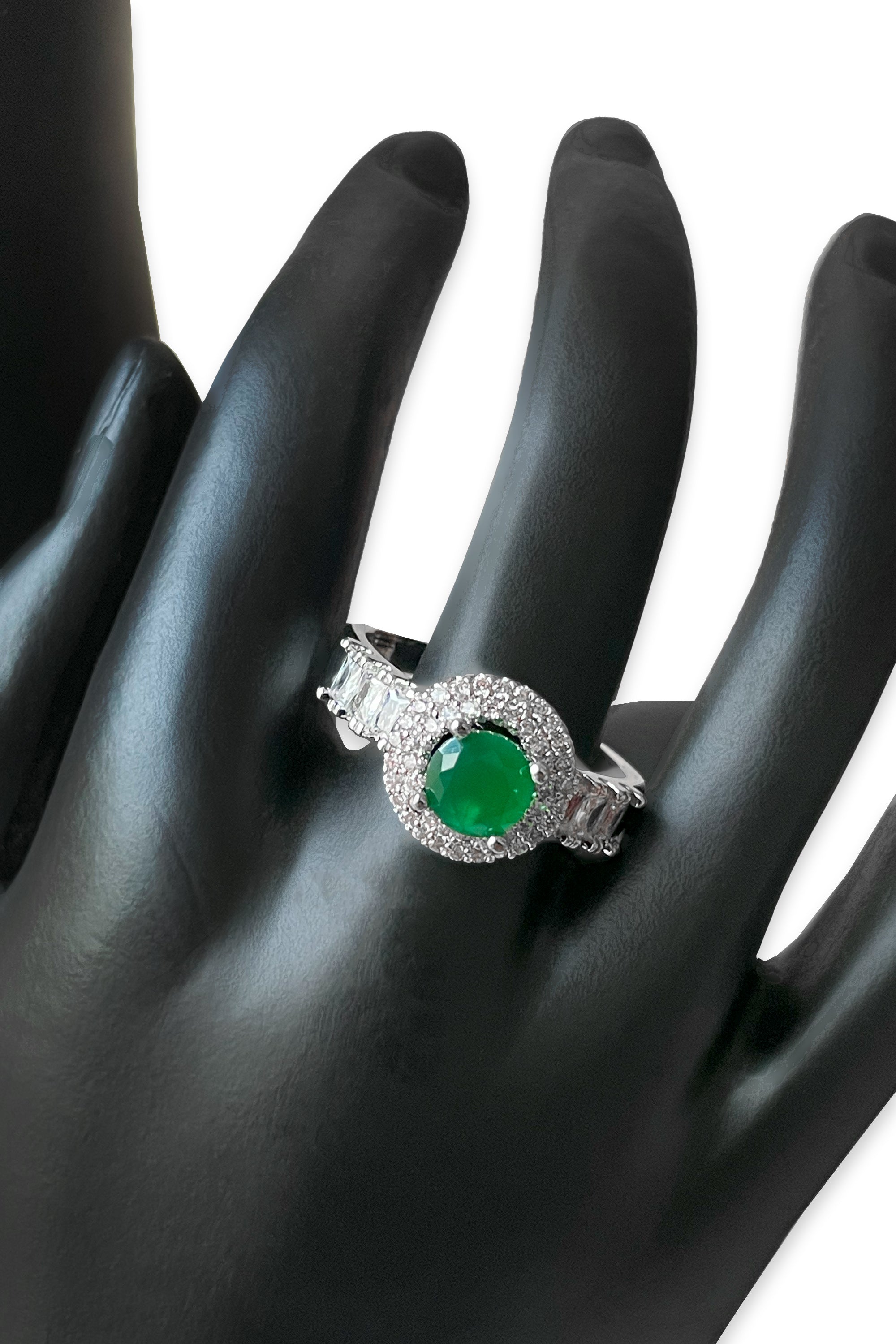 Silver-Tone Halo Ring with Emerald Center Stone & White Sapphire Accents
