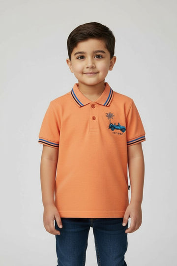 JuniorArm Boys' Orange "Explore" Jeep Graphic Polo