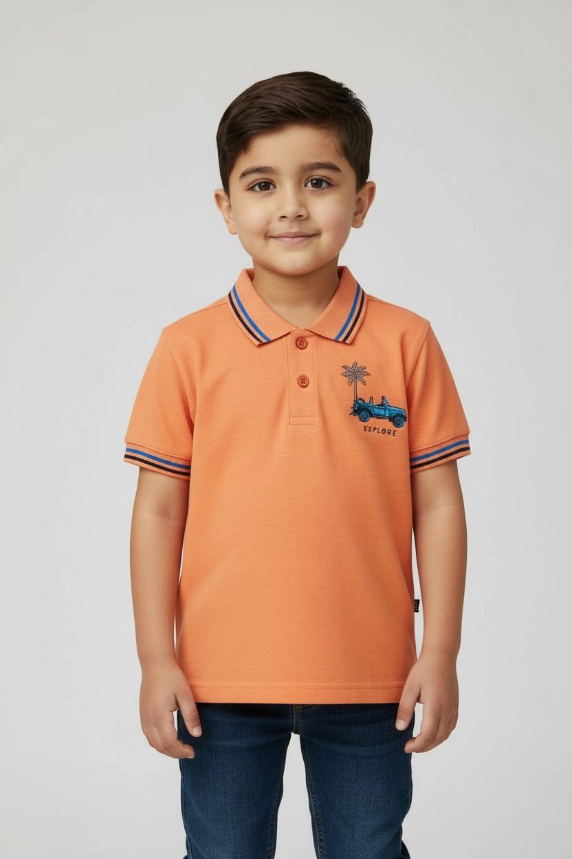 JuniorArm Boys' Orange "Explore" Jeep Graphic Polo