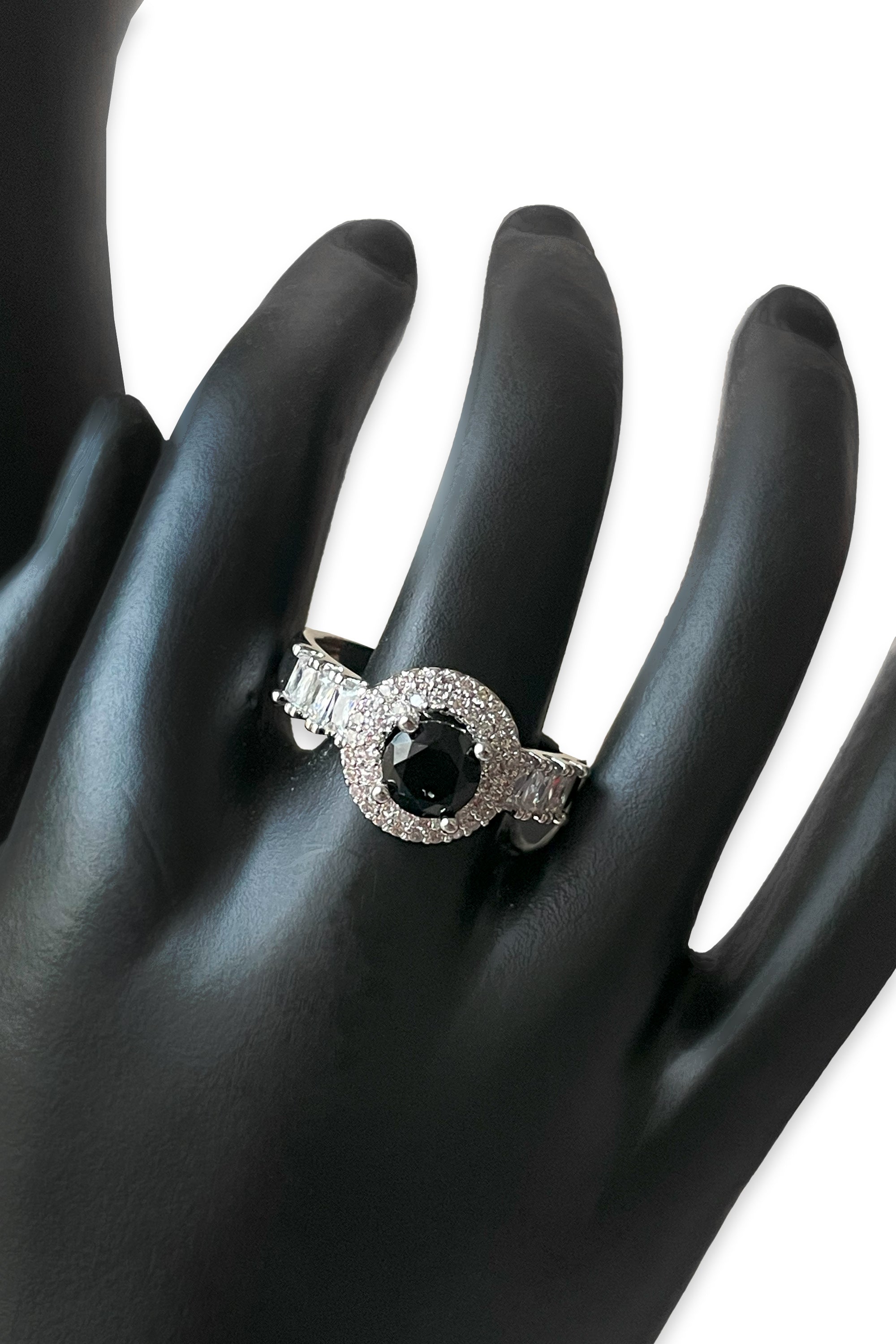 Silver-Tone Halo Ring with Black Onyx Center Stone & Diamond Accents
