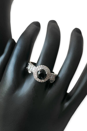 Silver-Tone Halo Ring with Black Onyx Center Stone & Diamond Accents