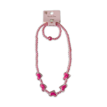 Children's Pink Beaded Necklace and Bracelet Set with Butterfly Charms