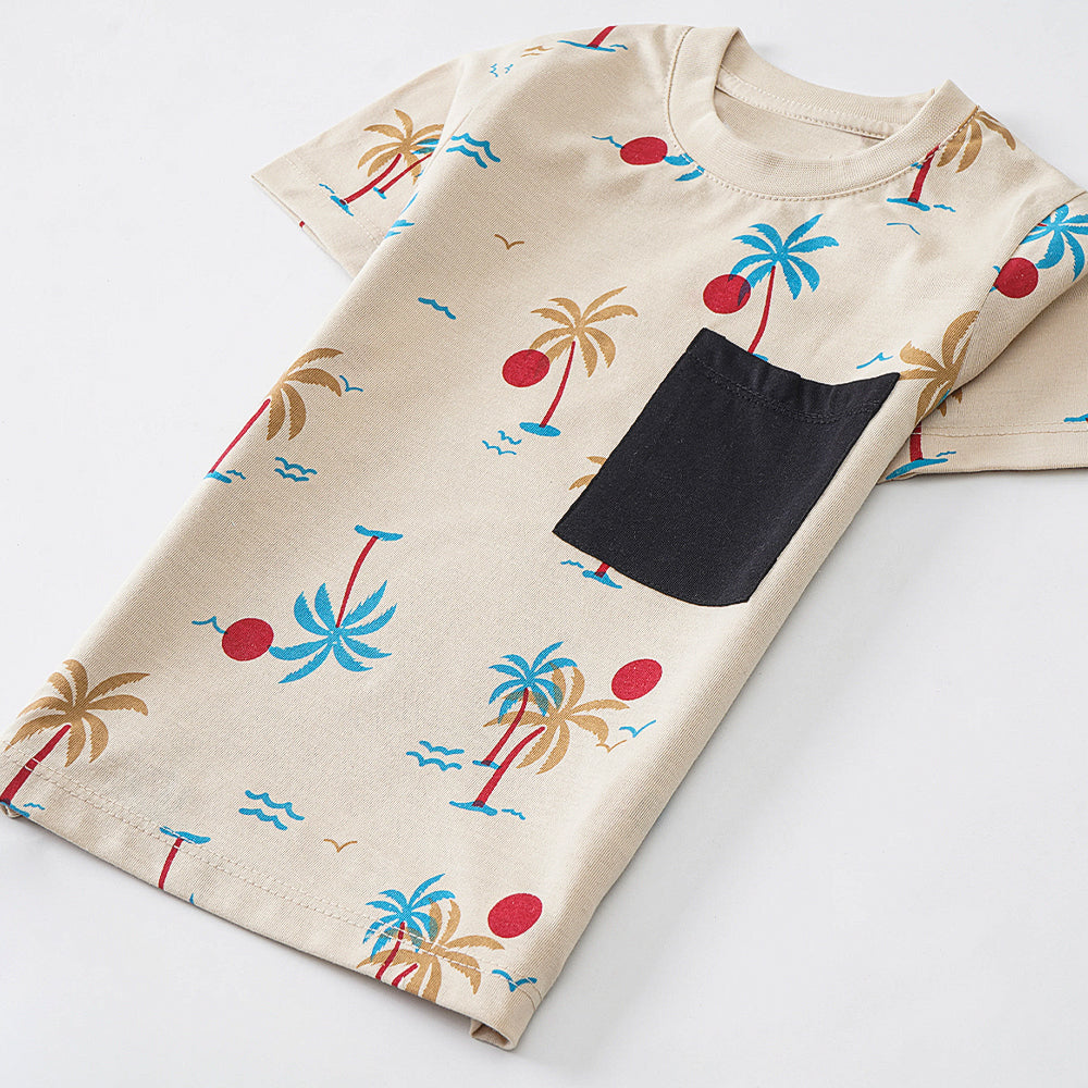 Island Vibes: Beige T-Shirt with Tropical Print and Pocket Detail