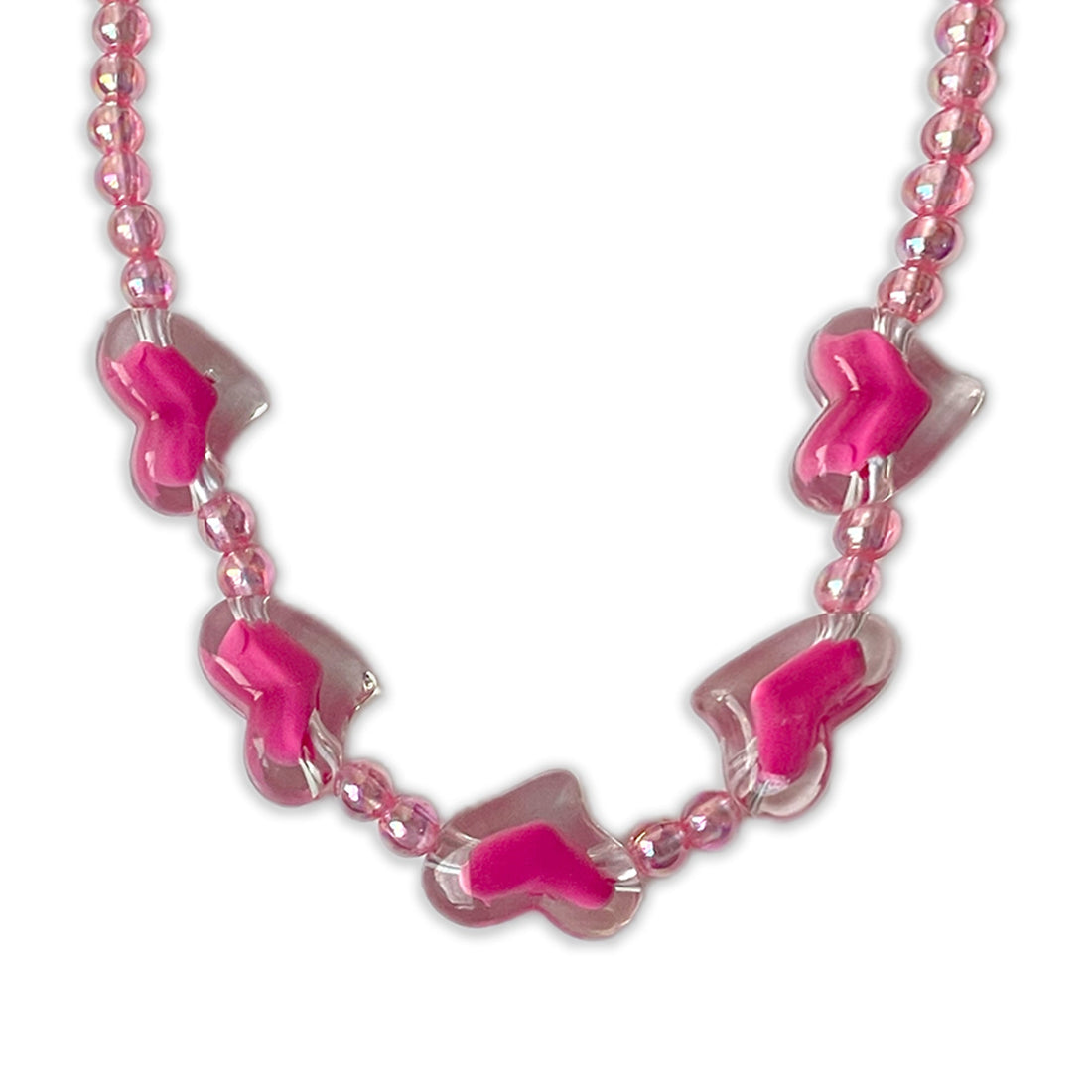 Children's Pink Beaded Necklace and Bracelet Set with Butterfly Charms