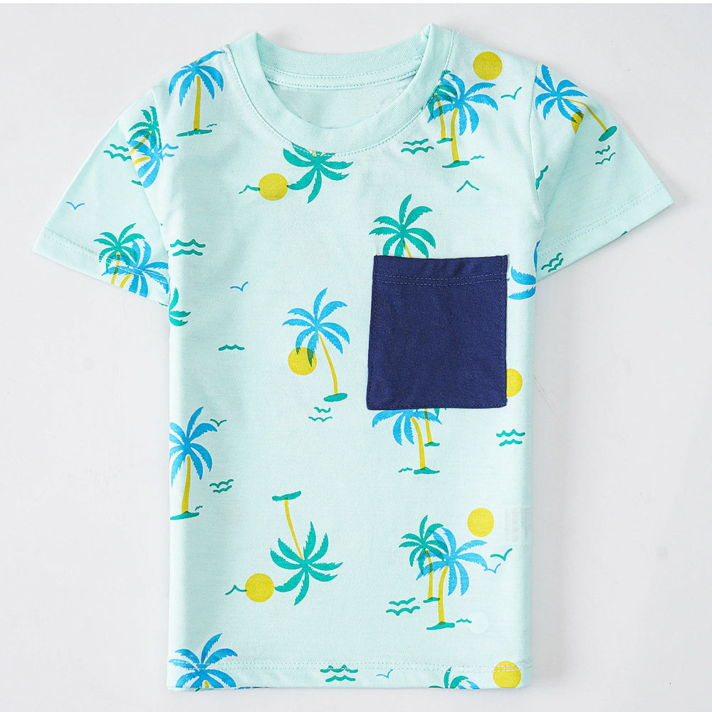 Beach Day Ready: Light Blue-Green T-Shirt with Tropical Print and Pocket Detail