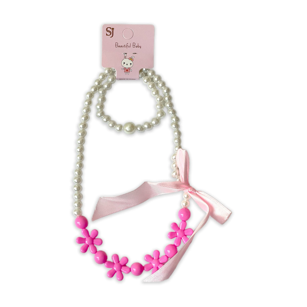 Children's Faux Pearl Necklace and Bracelet Set with Pink Flowers and Bow