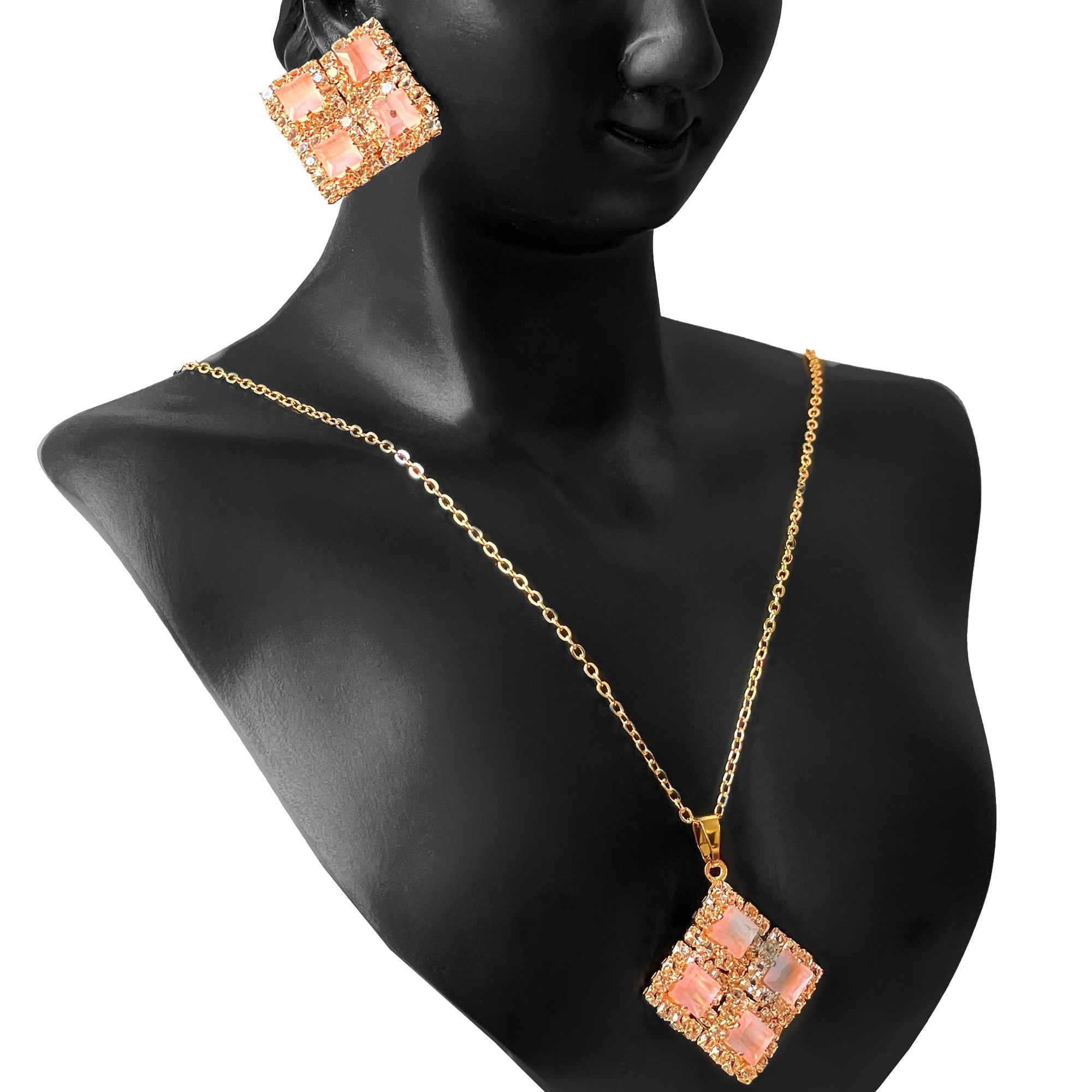 Earring and Necklace Soft Peach Sparkle Geometric Jewelry Set