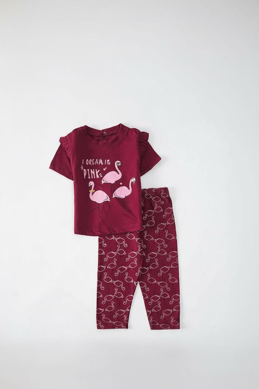 Flamingo Dreams: Maroon Pajama Set with Ruffled Sleeves
