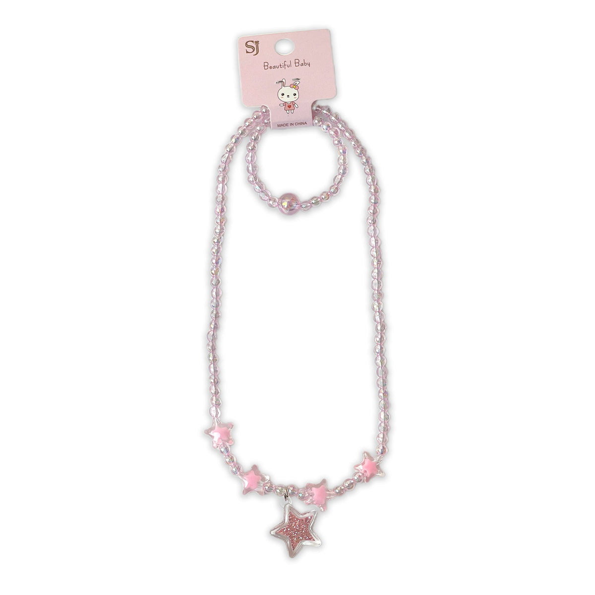 Children's Light Pink Beaded Necklace and Bracelet Set with Star Charms
