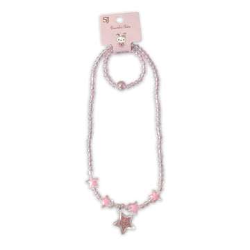 Children's Light Pink Beaded Necklace and Bracelet Set with Star Charms