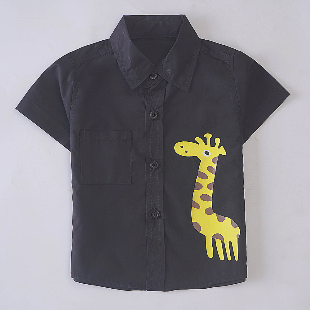 Giraffe Chic: Dark Gray Button-Down Shirt with Applique Detail