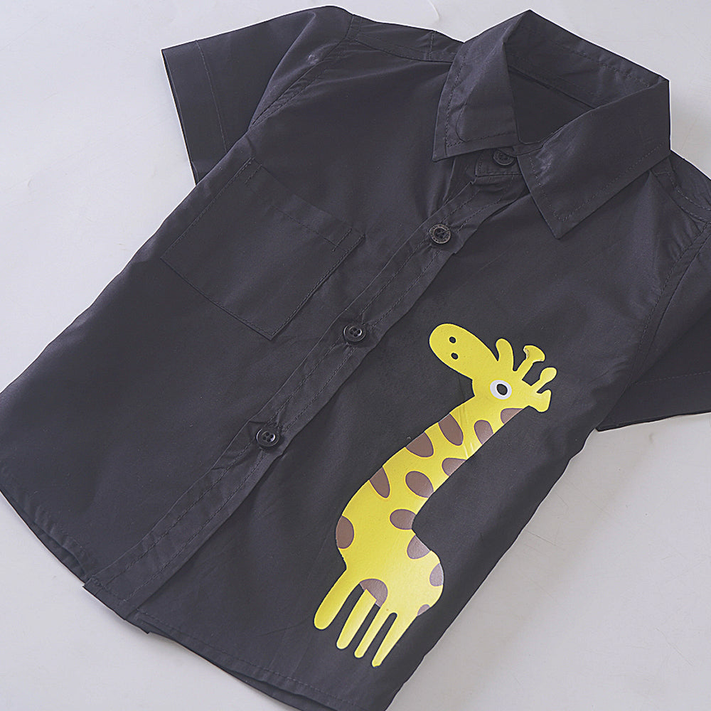 Giraffe Chic: Dark Gray Button-Down Shirt with Applique Detail