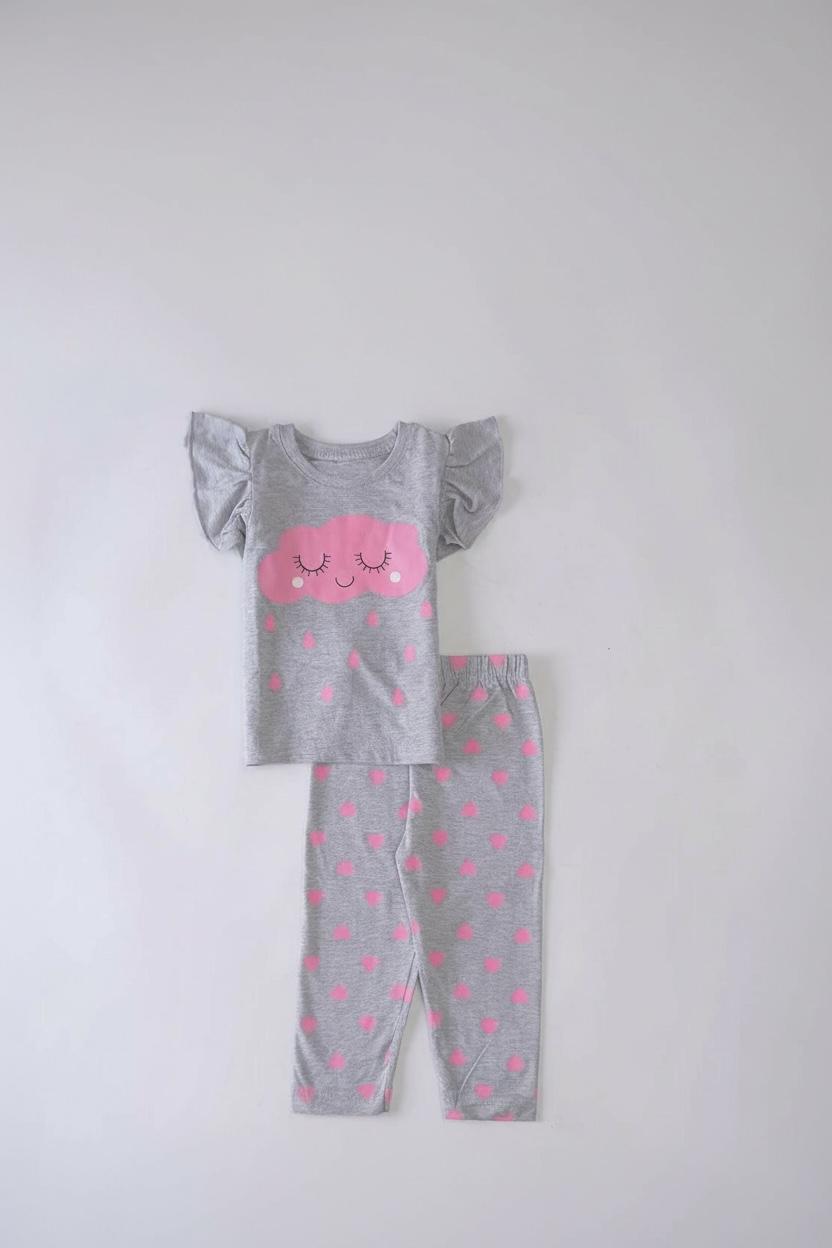 Dreamy Clouds: Gray Pajama Set with Pink Cloud and Rain Drops