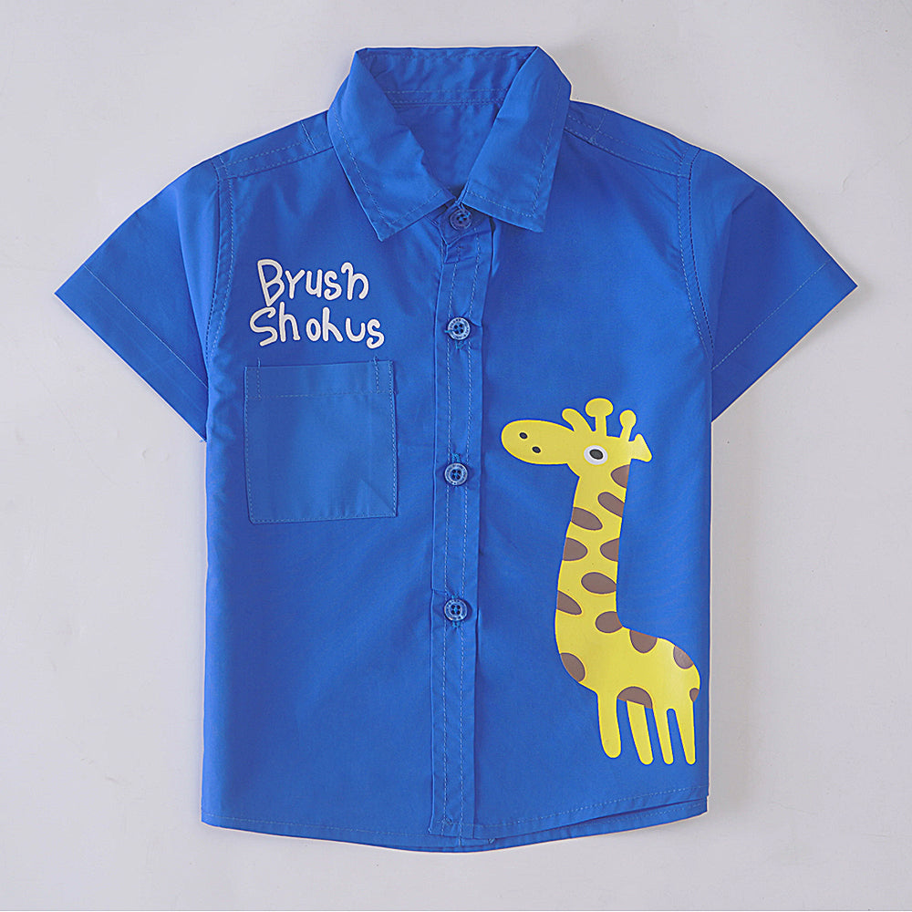 Playful Prep: Bright Blue Button-Down Shirt with Giraffe Applique and Text Detail