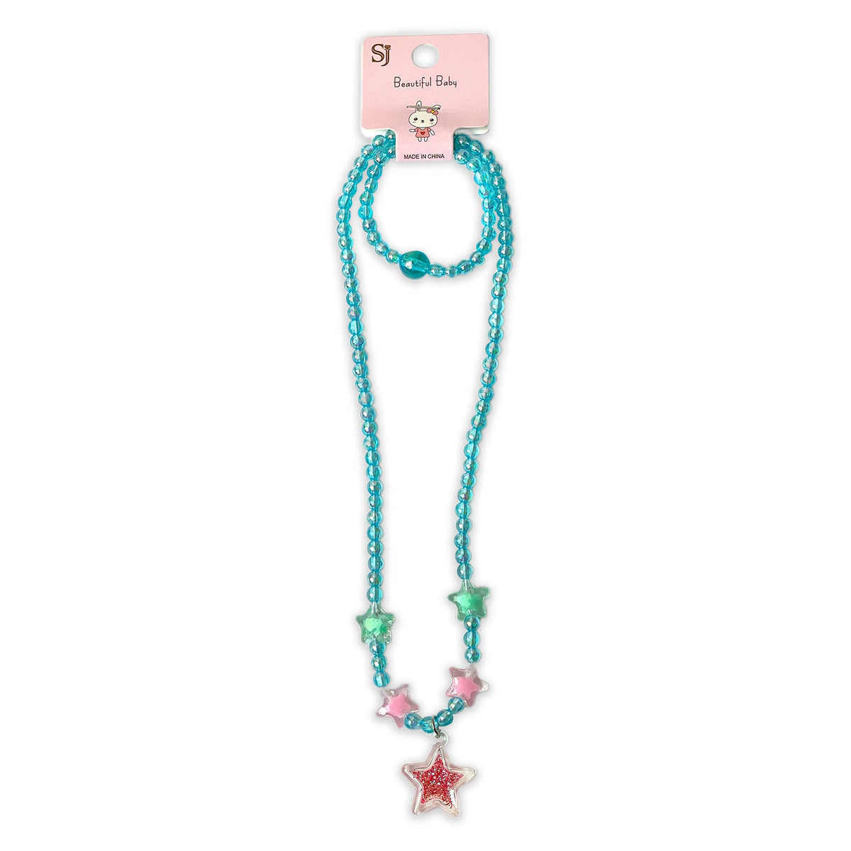 Children's Blue Beaded Necklace and Bracelet Set with Star Charms