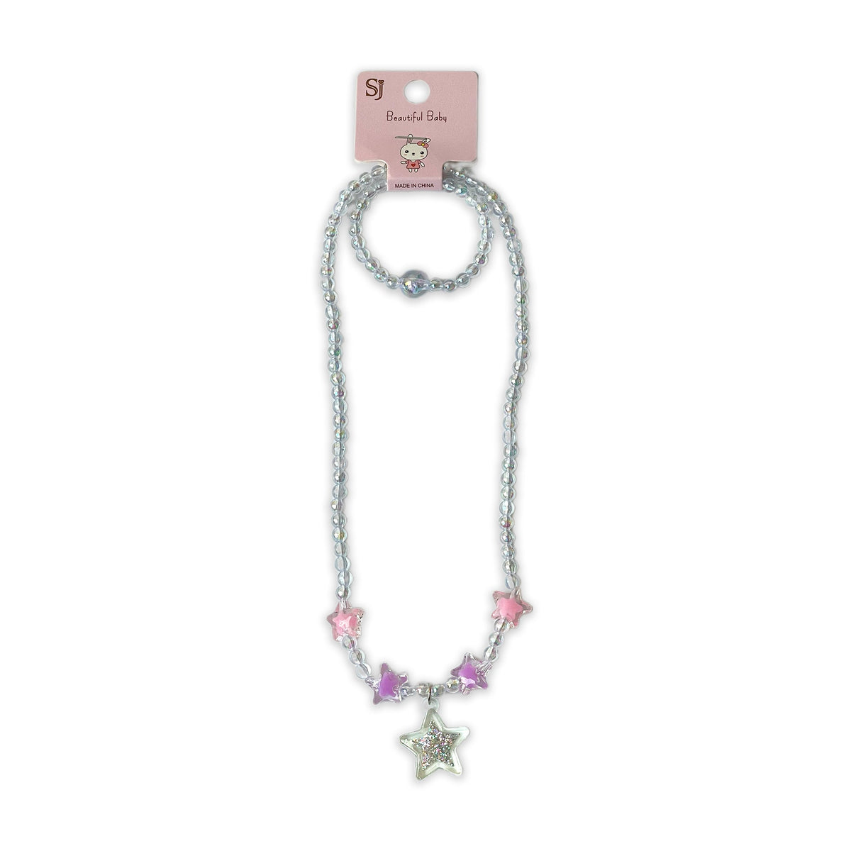 Children's Clear Beaded Necklace and Bracelet Set with Star Charms