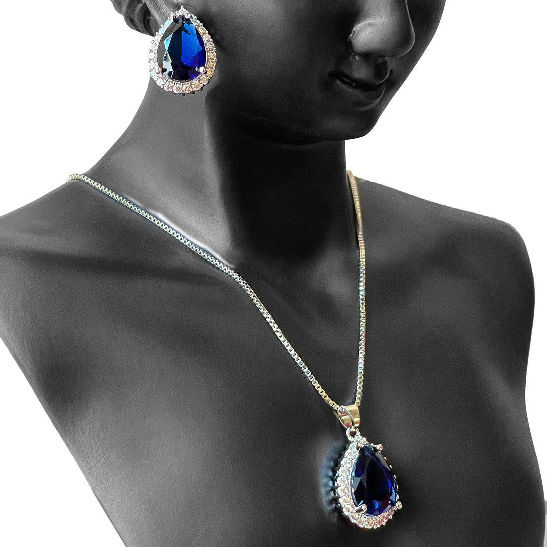 Earring and Necklace Royal Blue Crystal Pear Drop Jewelry Set