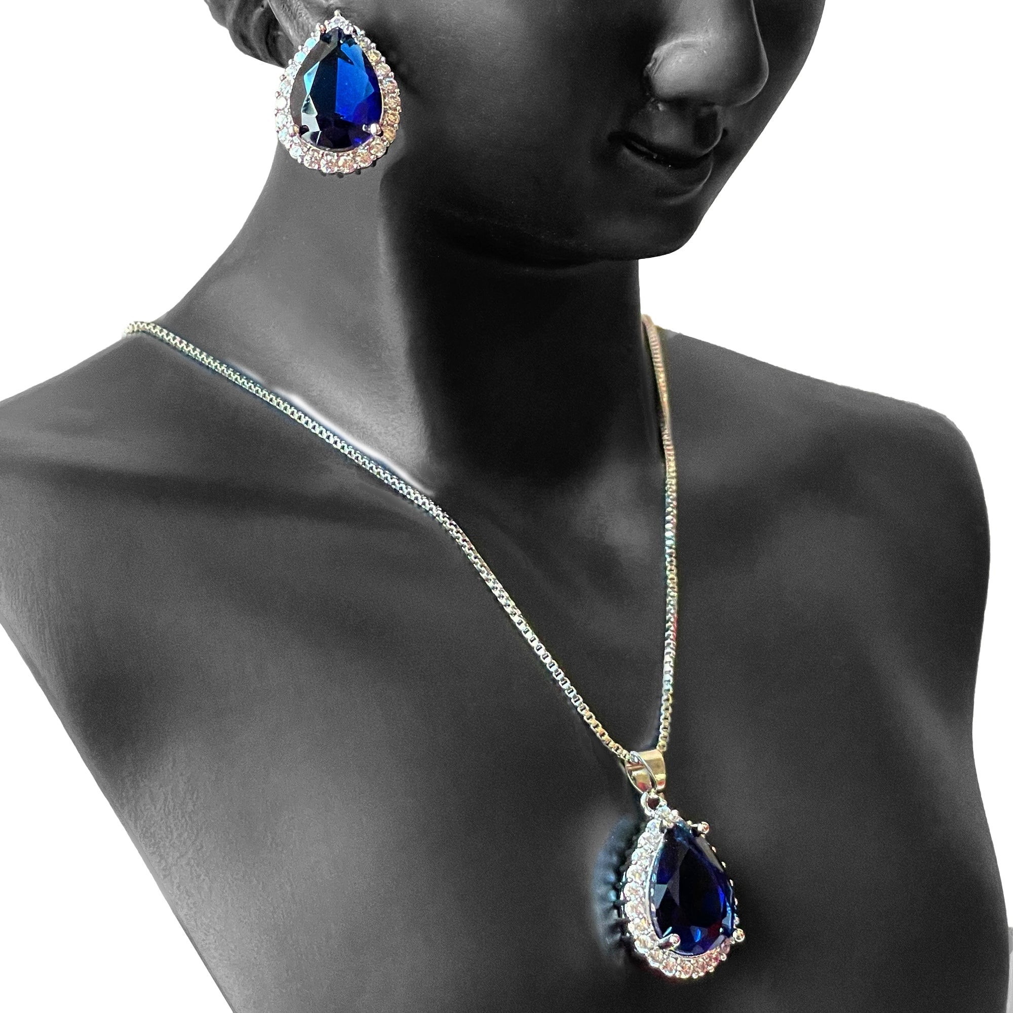Earring and Necklace Royal Blue Crystal Pear Drop Jewelry Set