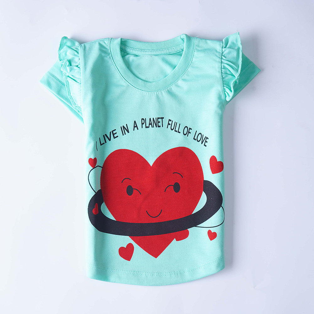 Love Planet: Light Blue-Green T-Shirt with Heart Graphic and Ruffled Sleeves