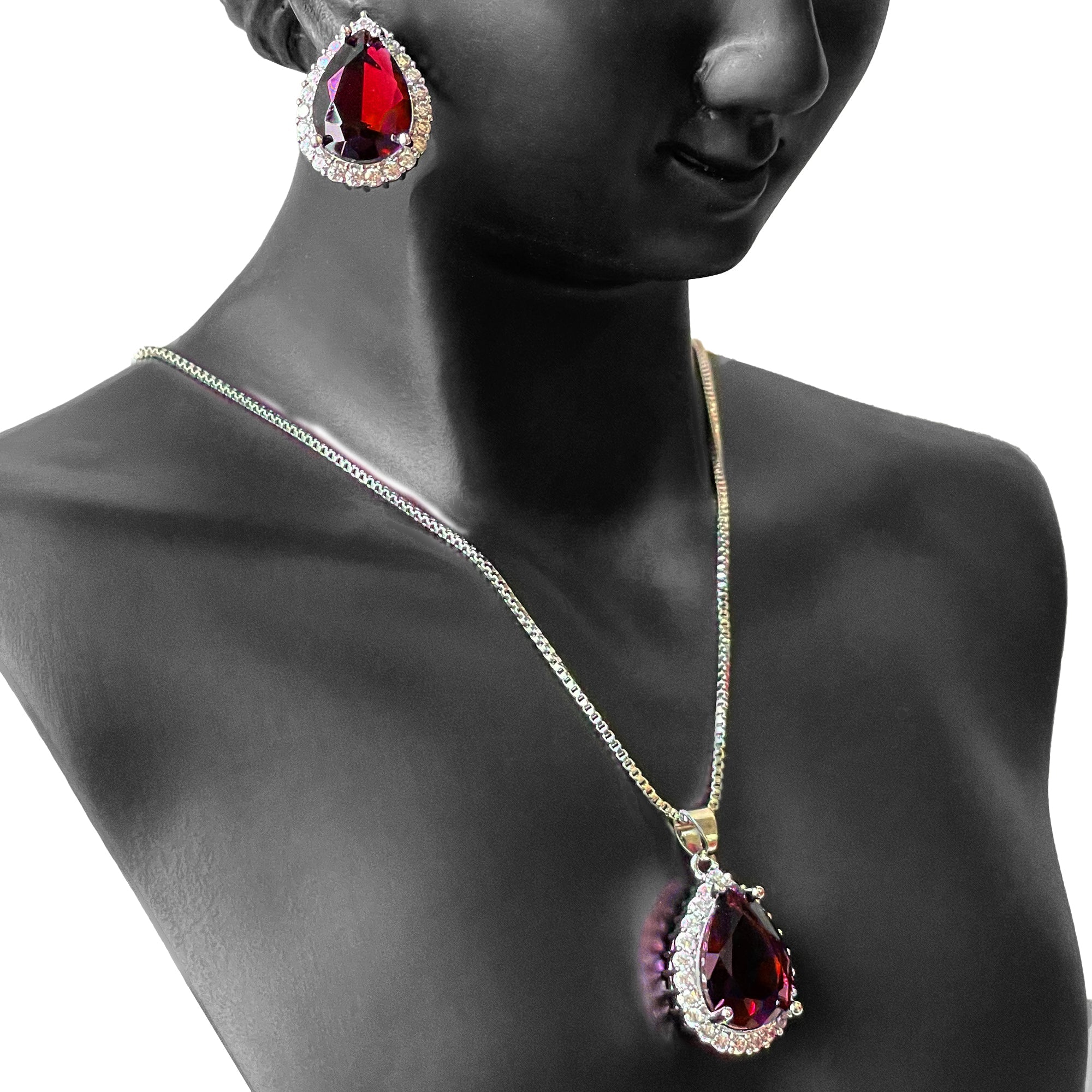 Earring and Necklace Rich Ruby Pear Drop Jewelry Set