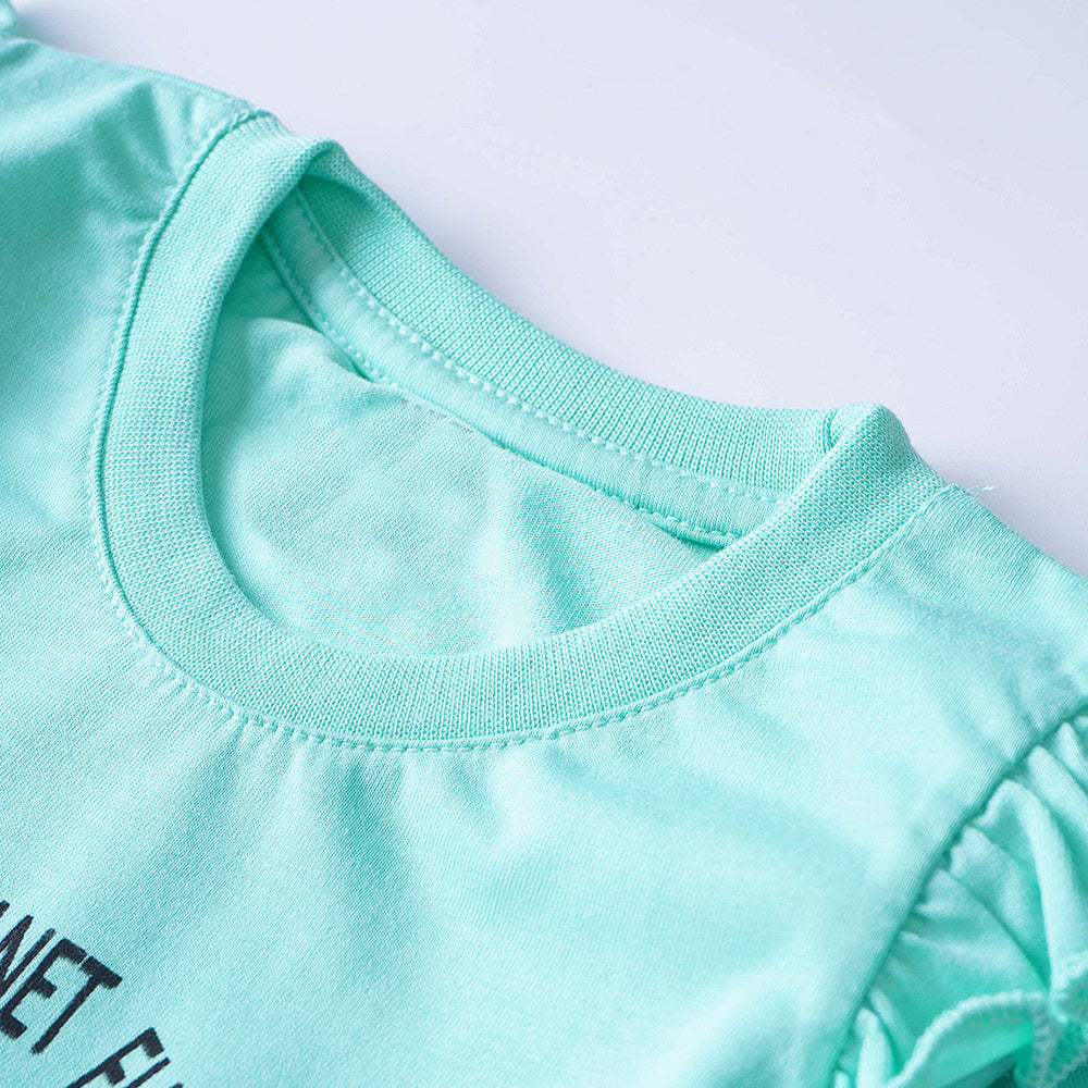 Love Planet: Light Blue-Green T-Shirt with Heart Graphic and Ruffled Sleeves