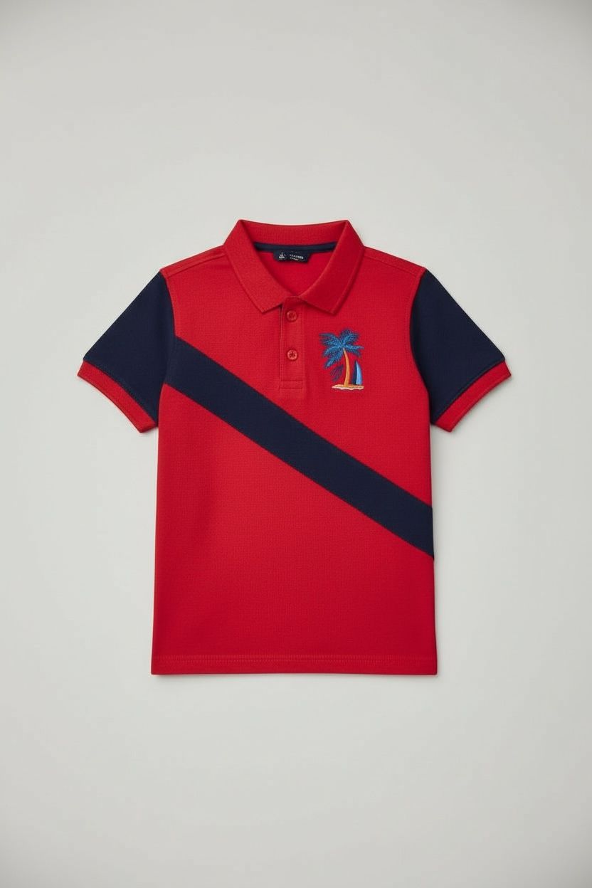 Kids' Red & Navy Color Block Polo with Palm Tree Graphic