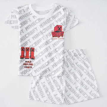 Minecraft Mania: White short  Set with Creeper and "BOOM" Design