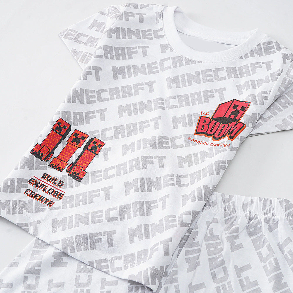 Minecraft Mania: White short  Set with Creeper and "BOOM" Design