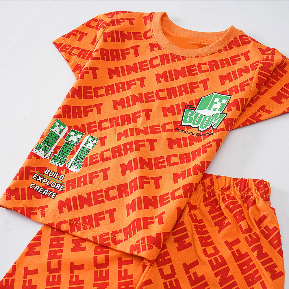 Minecraft Adventure: Orange Pajama Set with Creeper and "BOOM" Design